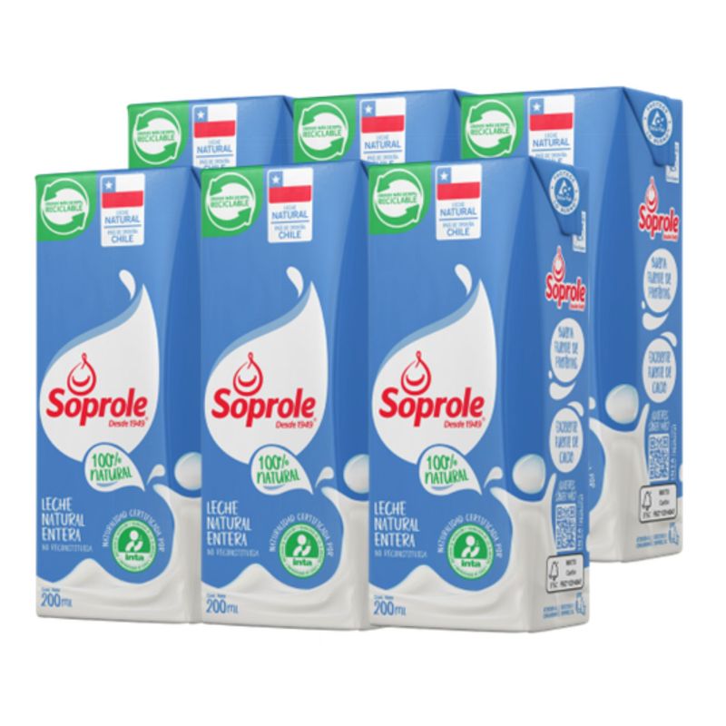 Soprole Leche Entera Blanca 200 ml Pack 6 UN